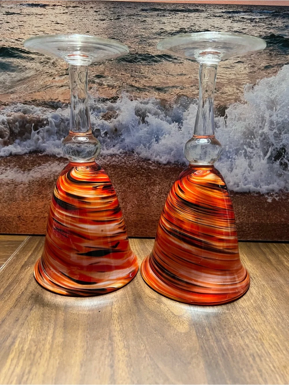Pier 1 Handblown Glass Goblets ppin Orange & Black Swirl